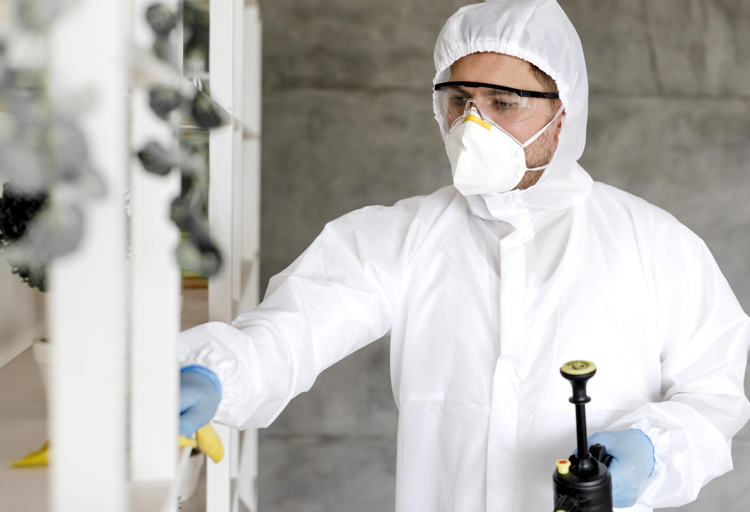 man-with-suit-disinfecting-shelf